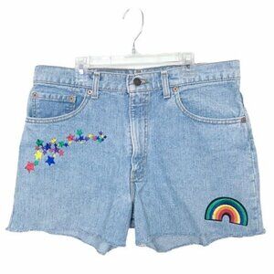 Vintage Levi's 550 Denim Hi Rise Cut Off Shorts with Rainbow and Star Patches